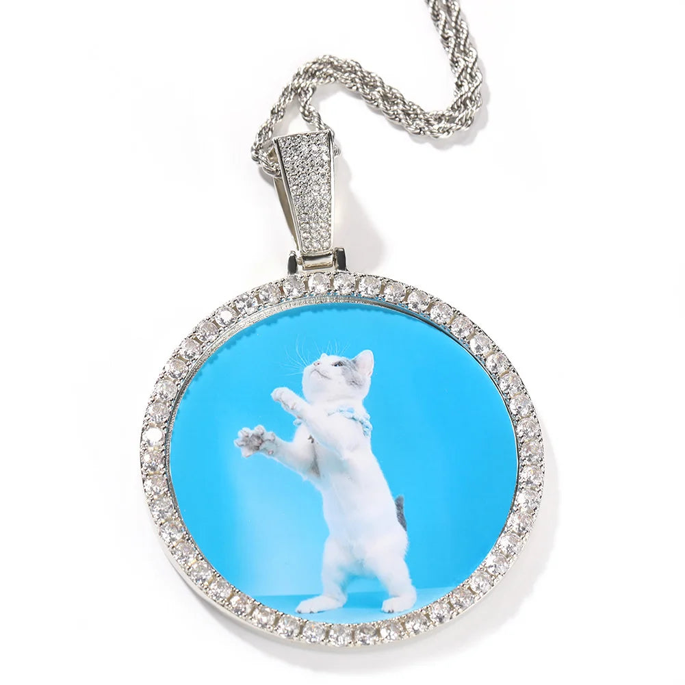 UWIN 6.8cm Oversize Large Round Custom Photo Pendant Iced Out CZ Hiphop Jewelry Necklace Engrave Name Memory Gifts