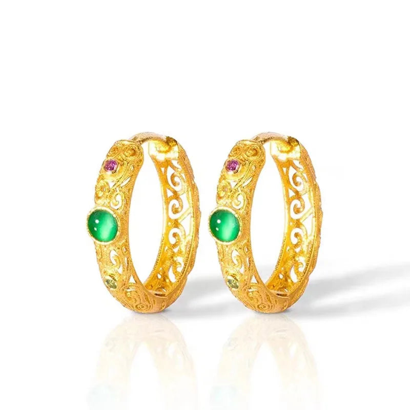 Vintage Women's 9999 24K Real Gold Hollow Wire Earrings with Complex Temperament Hoop Earrings and Jewelry for Mom Girls Gift