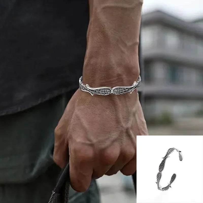 Silver Plated Turquoise Feather Wings Open Bracelet Men\'s Domineering Cuff Bangles Women\'s Fashion Party Jewelry Gift
