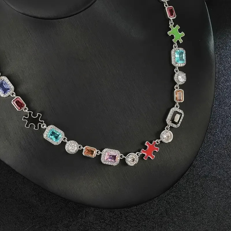 10MM Glamorous Colourful Zirconia Adjustable Puzzle Piece Necklace Iced Out Gemstone Chain For Men And Women Hip Hop Jewelry