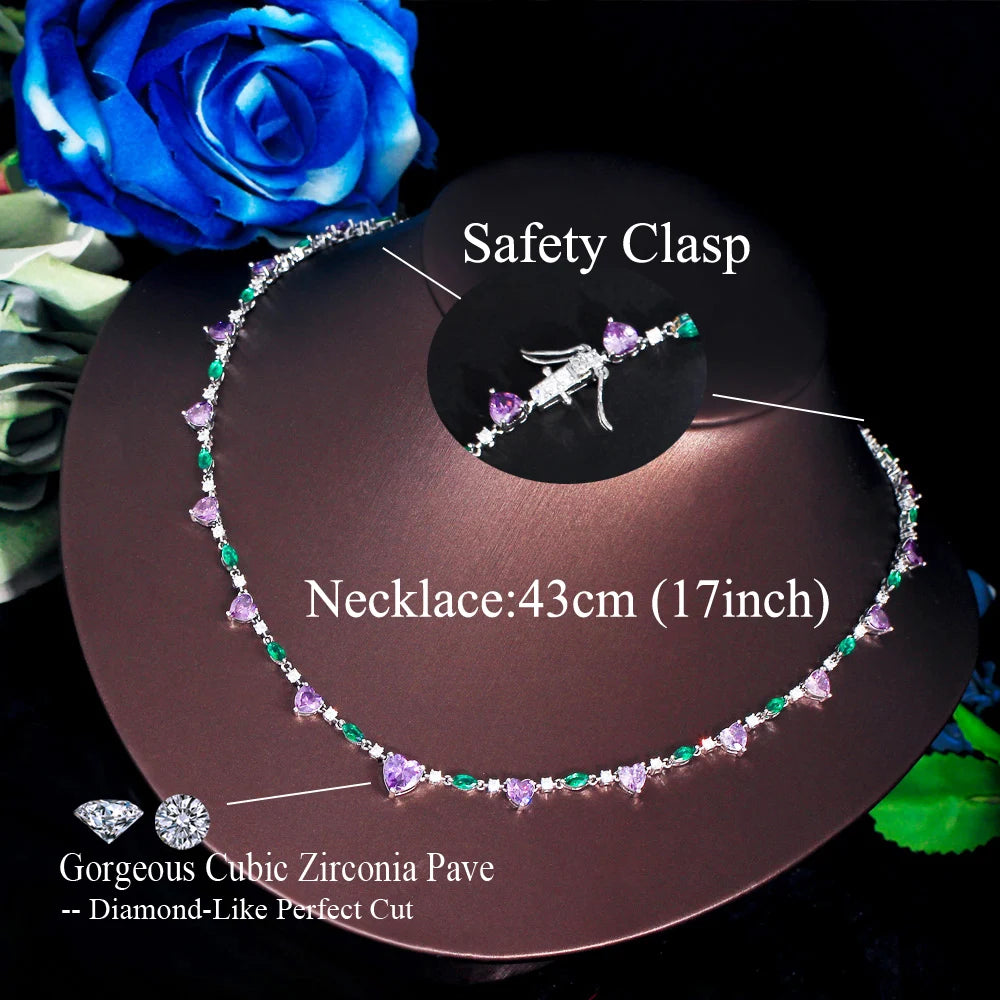ThreeGraces Exquisite Purple Cubic Zirconia Beautiful Heart CZ Link Chain Necklace for Women Summer Daily Dress Jewelry PN148
