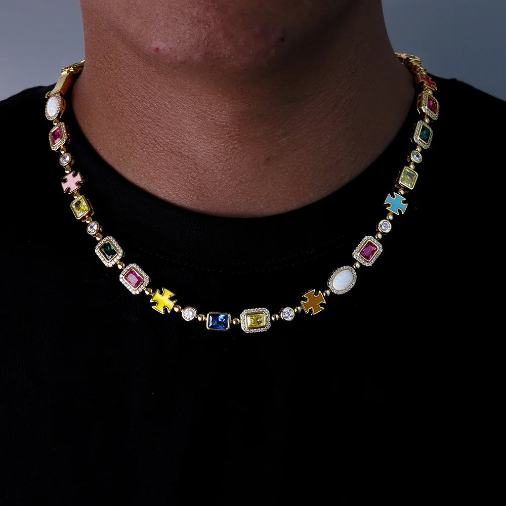 10mm Multicolor Green Blue Red Yellow Black Gem Stone Enamel Cross Chain 18K Gold Plated Jewelry Big Gemstone Necklace Women