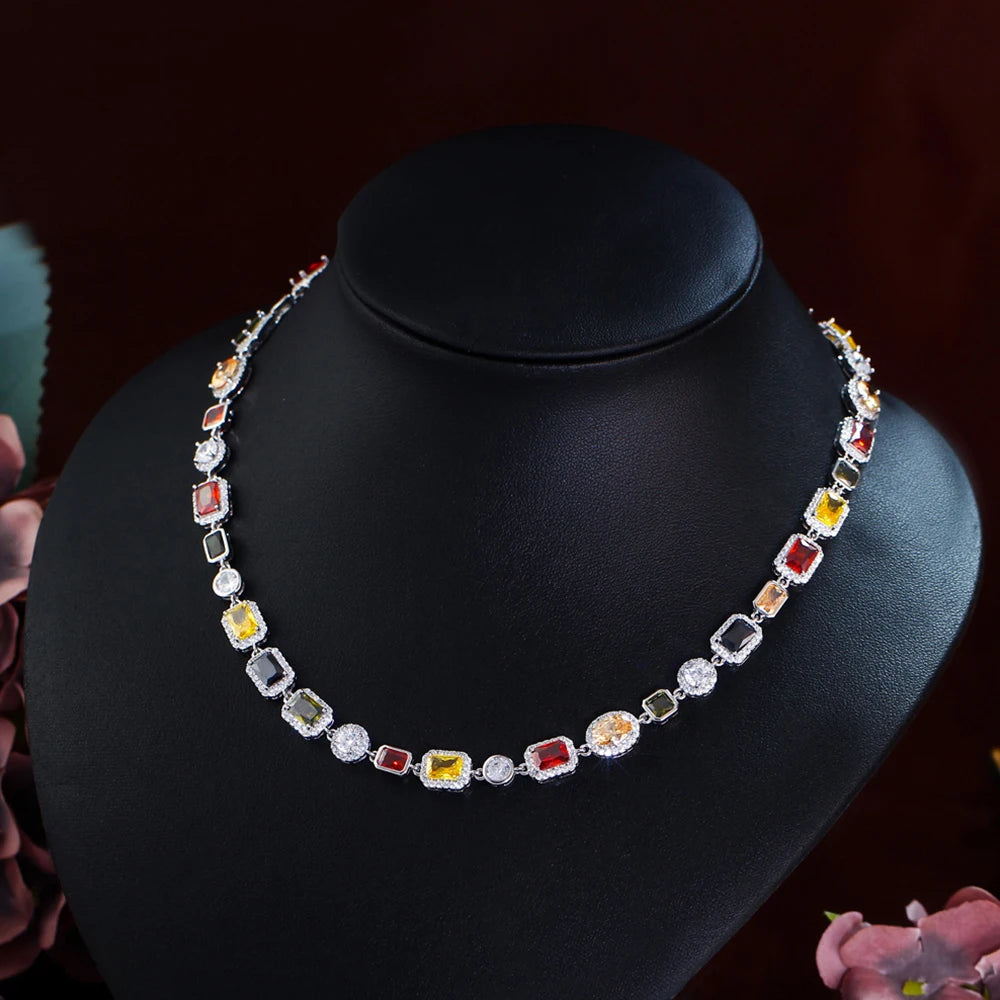 BeaQueen Lovely Geometric Colorful Cubic Zirconia Yellow Gold Plated Necklaces Chain for Women Festive Party Jewelry Gifts N026
