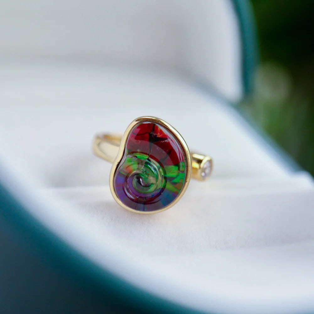 Trendy Ammolite Ring 925 Silver 18k Gold Plated from Canadian Adjustable Jewelry Opalite Stackable for Women Party Gift