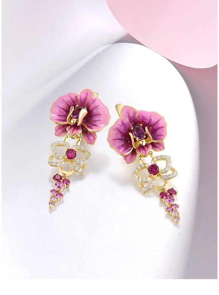 SANTUZZA Real 925 Sterling Silver Earrings For Women Sparkling Created Pink Sapphire Enamel Orchid Flower Delicate Fine Jewelry