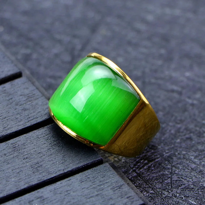 BOCAI 316l Titanium Steel Men's Rings Domineering Fashion Personaltiy Temperament Green Cat's Eye Gemstone Finger Ring