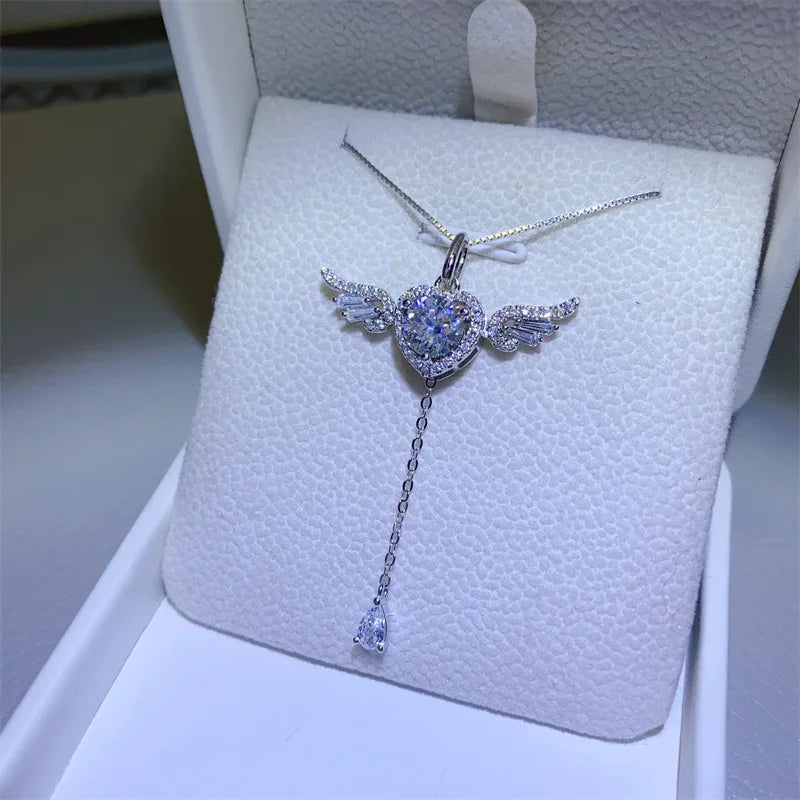 2024 New DJMAX 1ct Moissanite Necklace For Women Original 925 Sterling Silver Elegant Sweet Lady's Angel Moissanite Necklace