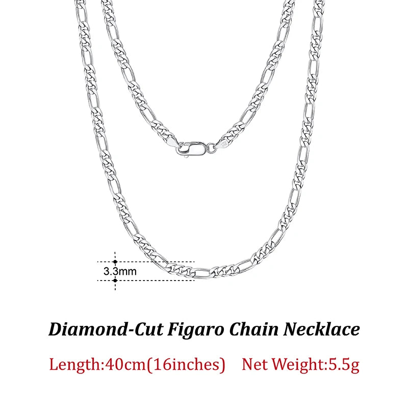 ORSA JEWELS Trendy Men Woman Figaro Chain Necklace 3.3/5/7mm Diamond-Cut Figaro Chain 925 Silver Jewelry Party Gift OSC34