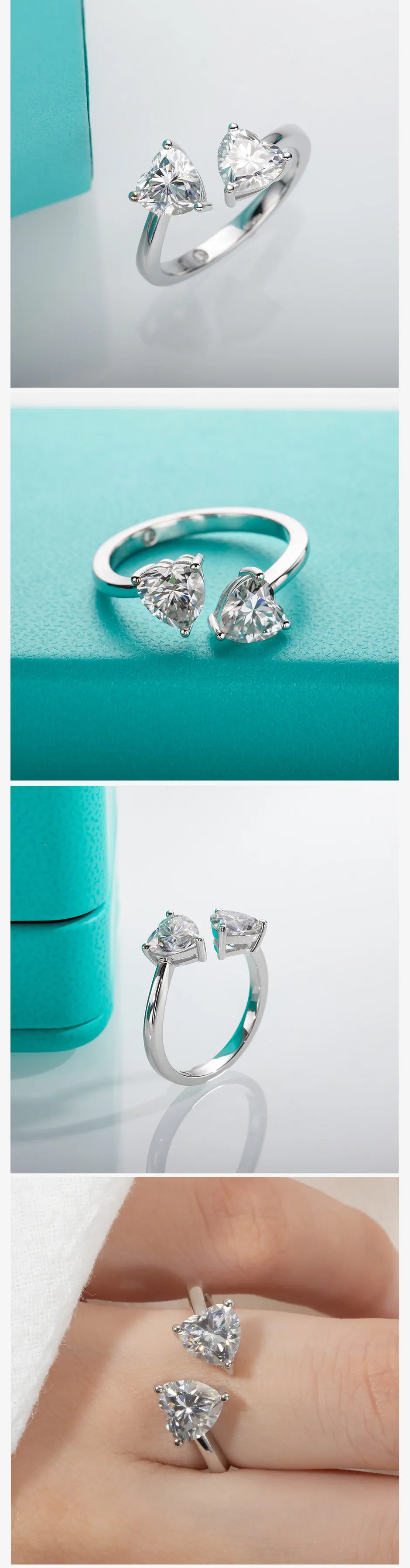 AnuJewel 2 Carat D Color Heart Moissanite Anti-Stress Ring 925 Sterling Silver Two Stone Engagement Wedding Women's Ring