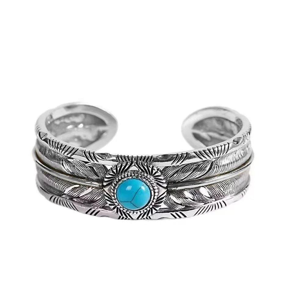Silver Plated Turquoise Feather Wings Open Bracelet Men\'s Domineering Cuff Bangles Women\'s Fashion Party Jewelry Gift