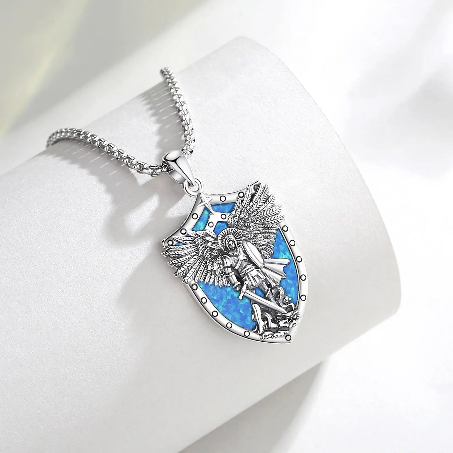 St Michael Pendant Eudora 925 Sterling Silver Archangel opal Amulet Necklace Religious Jewelry Gift for Men Women