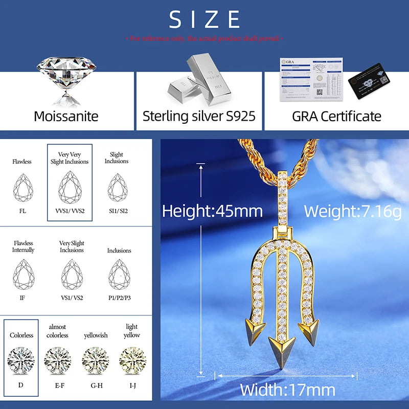925 Sterling Silver Moissanite Three-pronged Poke Pendant Nordic Viking Poseidon Simple Style For Women Men Fine Jewelry Gifts