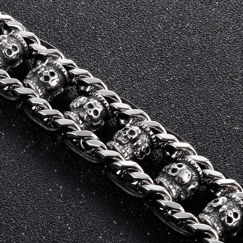 22mm Punk Retro Skull Head Bracelet for Men Hiphop Rock Stainless Steel Male Gothic Biker Bike Leather Bangle Wristband Jewelry