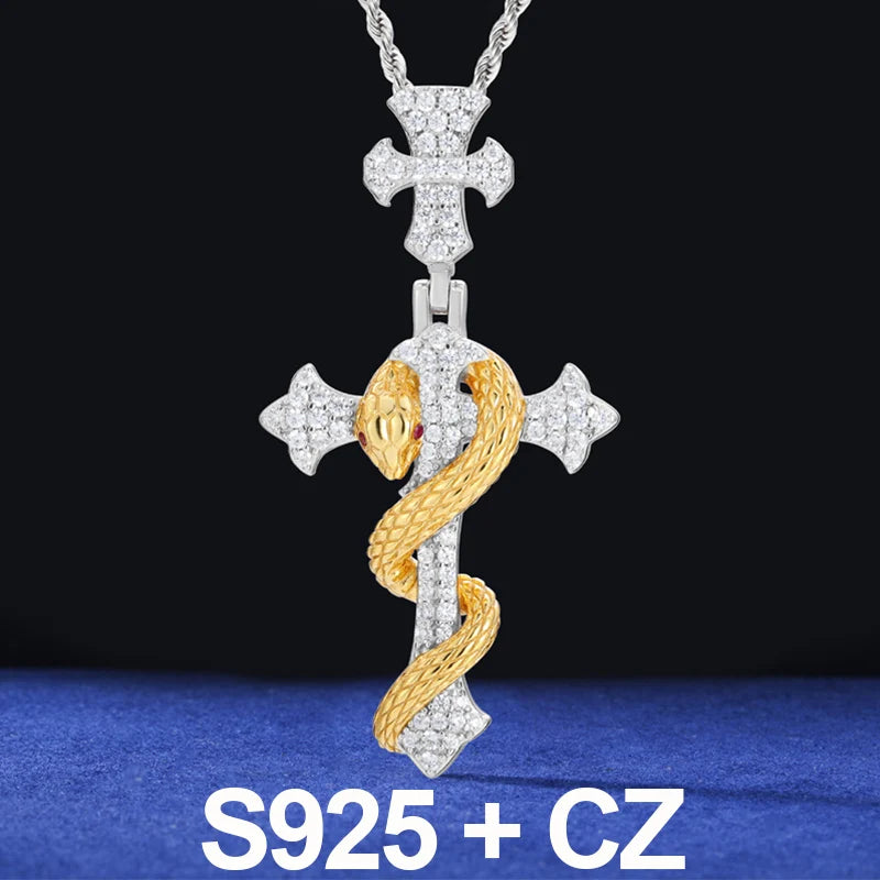 2025 New Snake Winding Cross Pendant Necklace For Men Women 925 Sterling Silver Moissanite Iced Out Bling Hip Hop Jewelry Gifts
