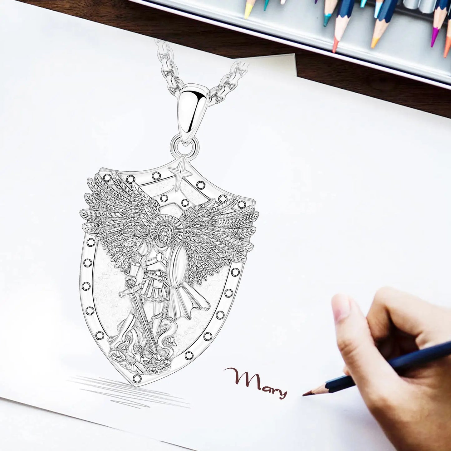 St Michael Pendant Eudora 925 Sterling Silver Archangel opal Amulet Necklace Religious Jewelry Gift for Men Women