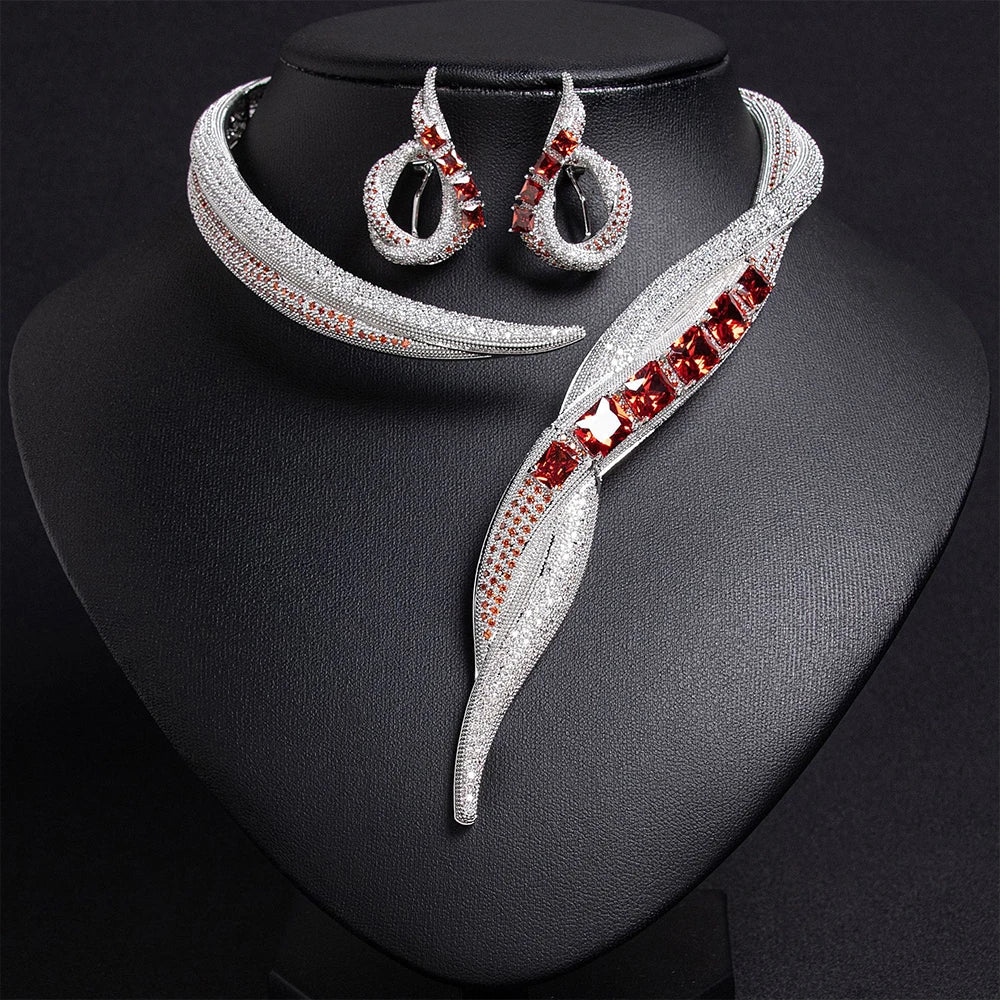 Uniquely Multicolor Designed Zircon Necklace Women Wedding Luxury Cubic Dubai Bridal Jewelry Set Suitable for V-neck Accessories