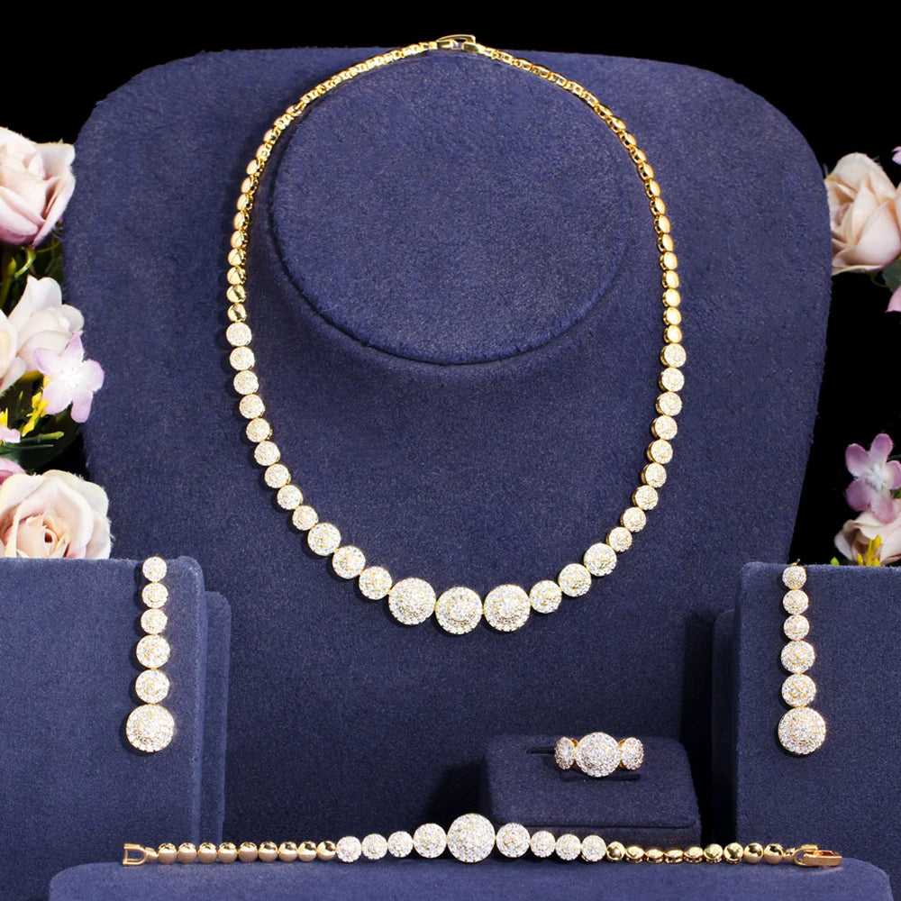 BeaQueen Dubai Gold Color Jewellery Sets for Women Round Drop Long Earrings and Tennis Necklace 4pcs Brides Dress Jewelry S329