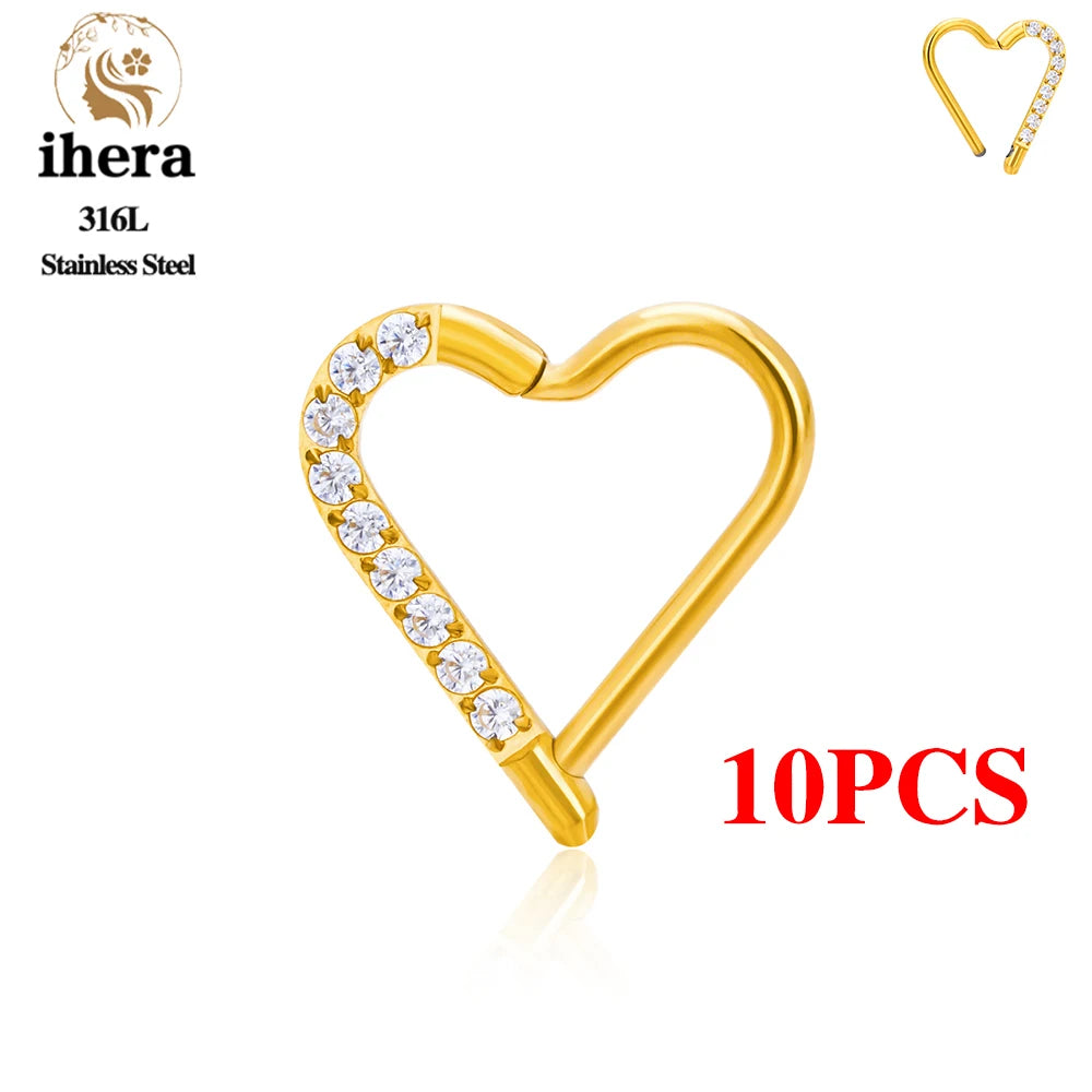10PCS Stainless Steel D Shape Water Drop Nose Rings 16G CZ Septum Ring Ear Cartilage Tragus Helix Daith Earring Piercing Jewelry