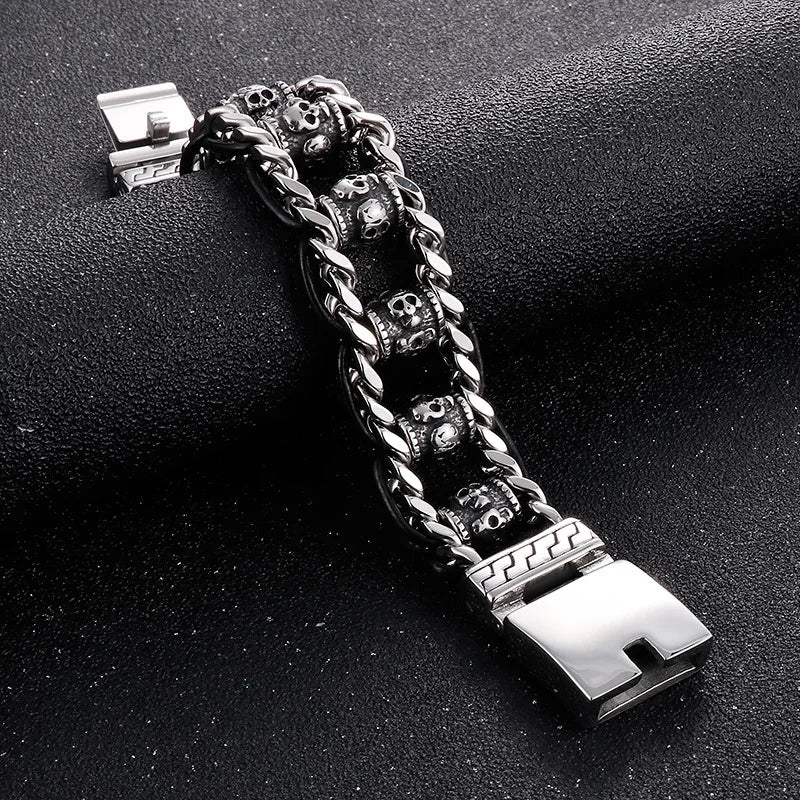 22mm Punk Retro Skull Head Bracelet for Men Hiphop Rock Stainless Steel Male Gothic Biker Bike Leather Bangle Wristband Jewelry