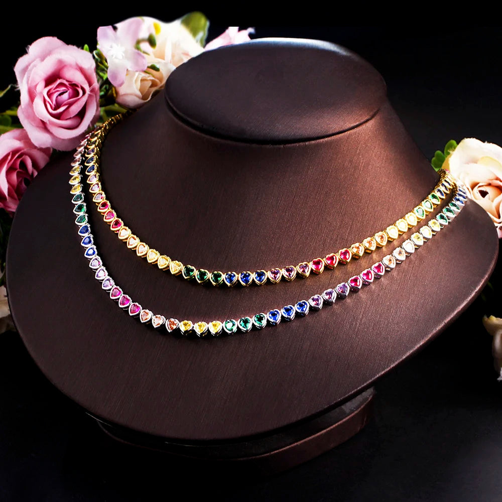 ThreeGraces Elegant Small Heart Shape Cute Lovely Multicolor CZ Tennis Choker Necklace for Women Fashion Party Jewelry PN120