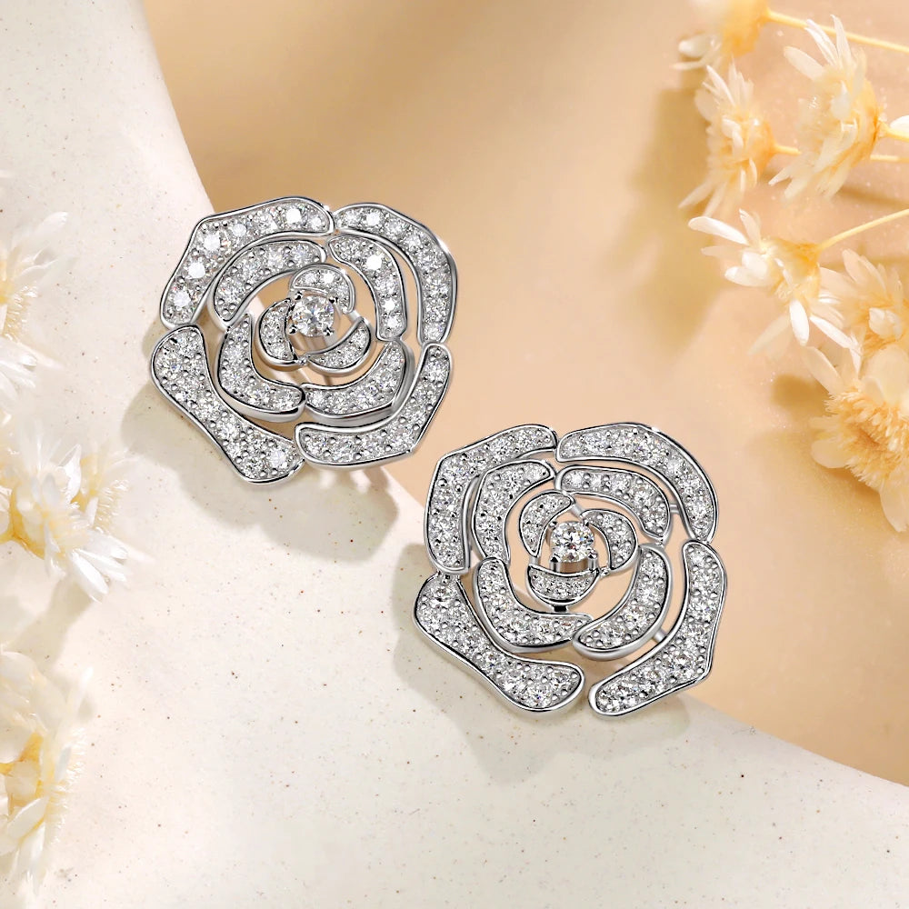 1.18ct All Moissanite D Color VVSI 18K White Gold Plated S925 Sterling Silver Flower Halo Stud Earrings Lab Diamond Fine Jewelry