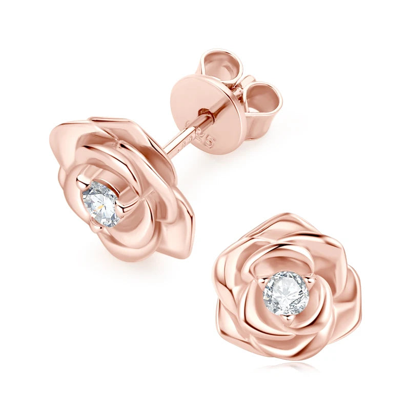 925 Sterling Silver Flower Jewelry Set Rose Gold Plated D Moissanite Pendant Necklace Stud Earrings Set for Women Wedding Gift