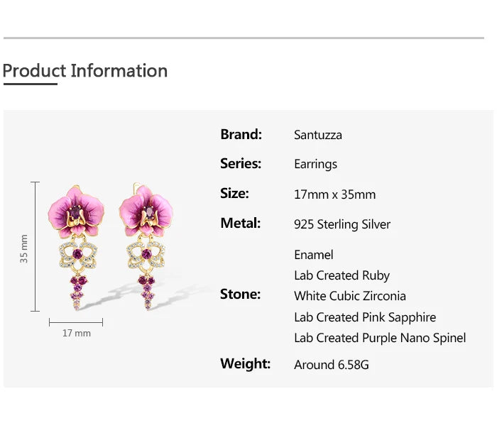 SANTUZZA Real 925 Sterling Silver Earrings For Women Sparkling Created Pink Sapphire Enamel Orchid Flower Delicate Fine Jewelry
