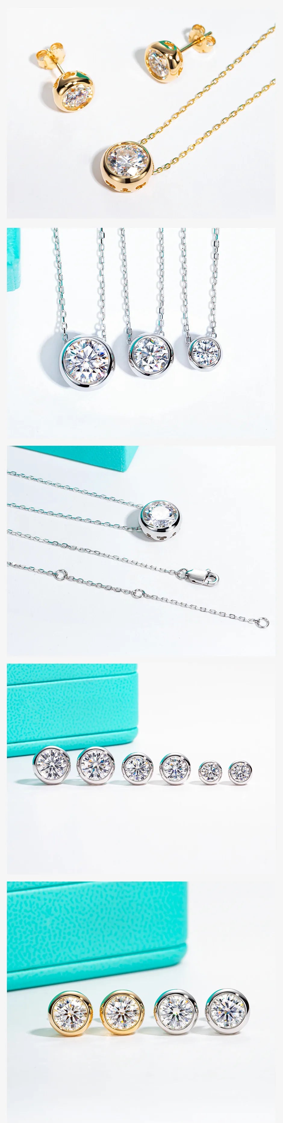 AnuJewel D Color Moissanite Bezel Stud Earrings 18K Gold Plated Pendant Necklace 925 Sterling Silver Jewelry Set Customs Jewelry