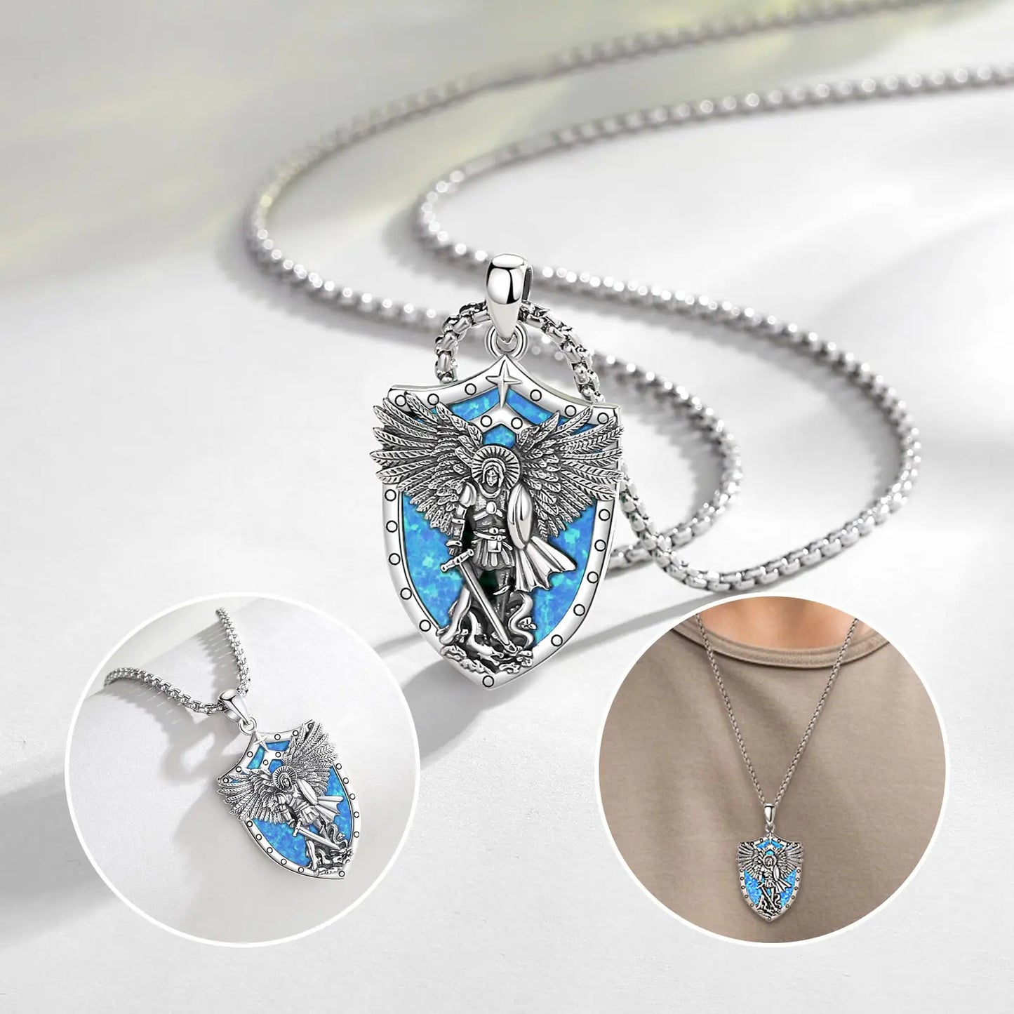 St Michael Pendant Eudora 925 Sterling Silver Archangel opal Amulet Necklace Religious Jewelry Gift for Men Women