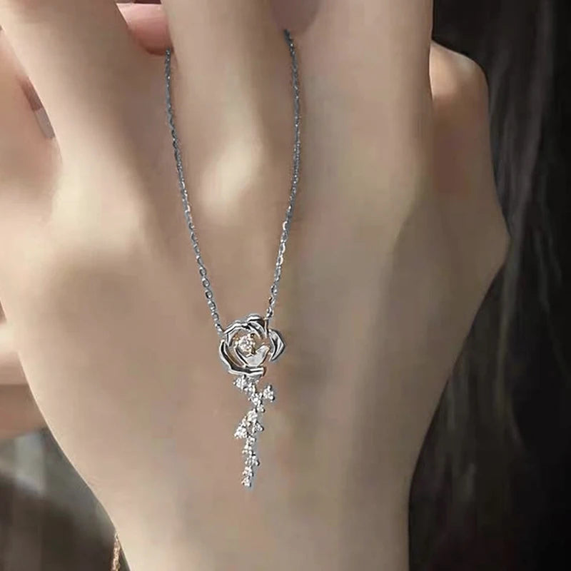 925 Sterling Silver Flower Jewelry Set Rose Gold Plated D Moissanite Pendant Necklace Stud Earrings Set for Women Wedding Gift