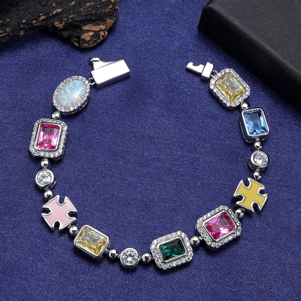 10mm Multicolor Green Blue Red Yellow Black Gem Stone Enamel Cross Chain 18K Gold Plated Jewelry Big Gemstone Necklace Women