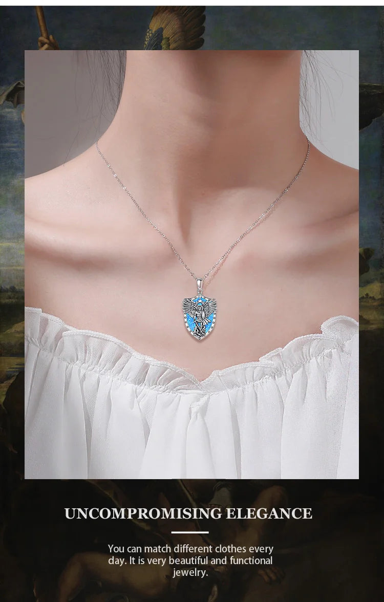 St Michael Pendant Eudora 925 Sterling Silver Archangel opal Amulet Necklace Religious Jewelry Gift for Men Women