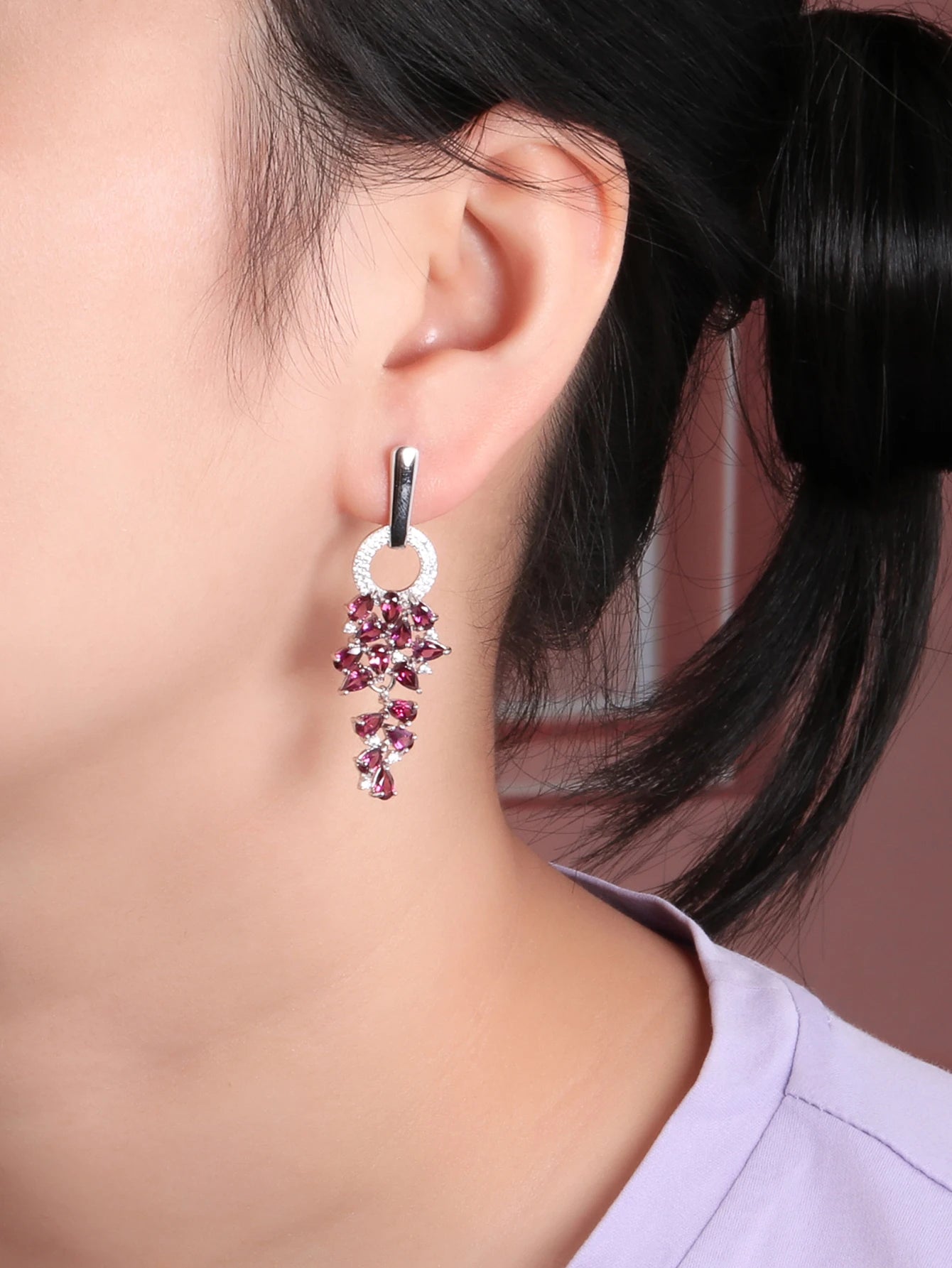 925 Sterling silver natural Rhodolite garnet long earrings for women fine jewelry gorgeous anniversary gift