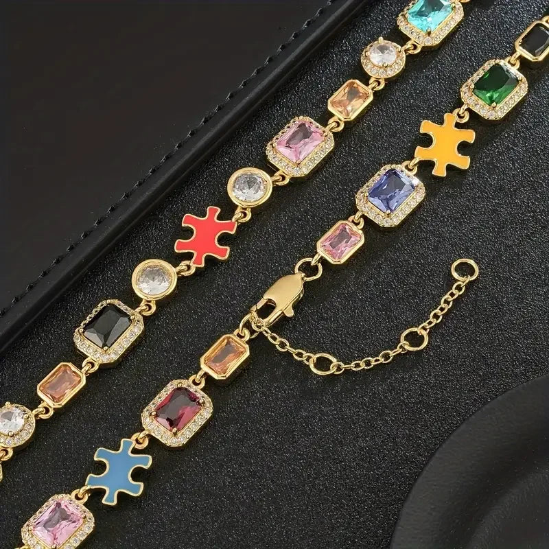 10MM Glamorous Colourful Zirconia Adjustable Puzzle Piece Necklace Iced Out Gemstone Chain For Men And Women Hip Hop Jewelry
