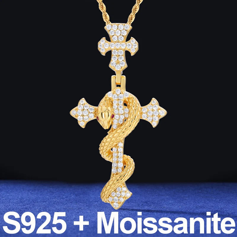 2025 New Snake Winding Cross Pendant Necklace For Men Women 925 Sterling Silver Moissanite Iced Out Bling Hip Hop Jewelry Gifts