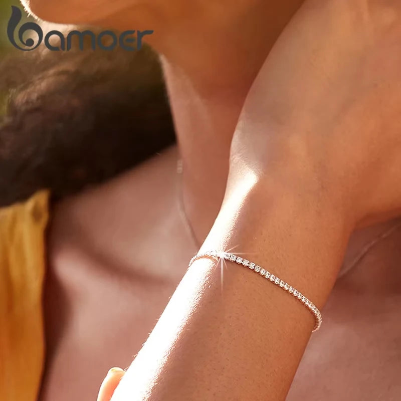 BAMOER 14K Gold Plated CZ Classic Tennis Bracelet for Women, 925 Sterling Silver Adjustable Slider Bracelet Wedding Jewelry Gift