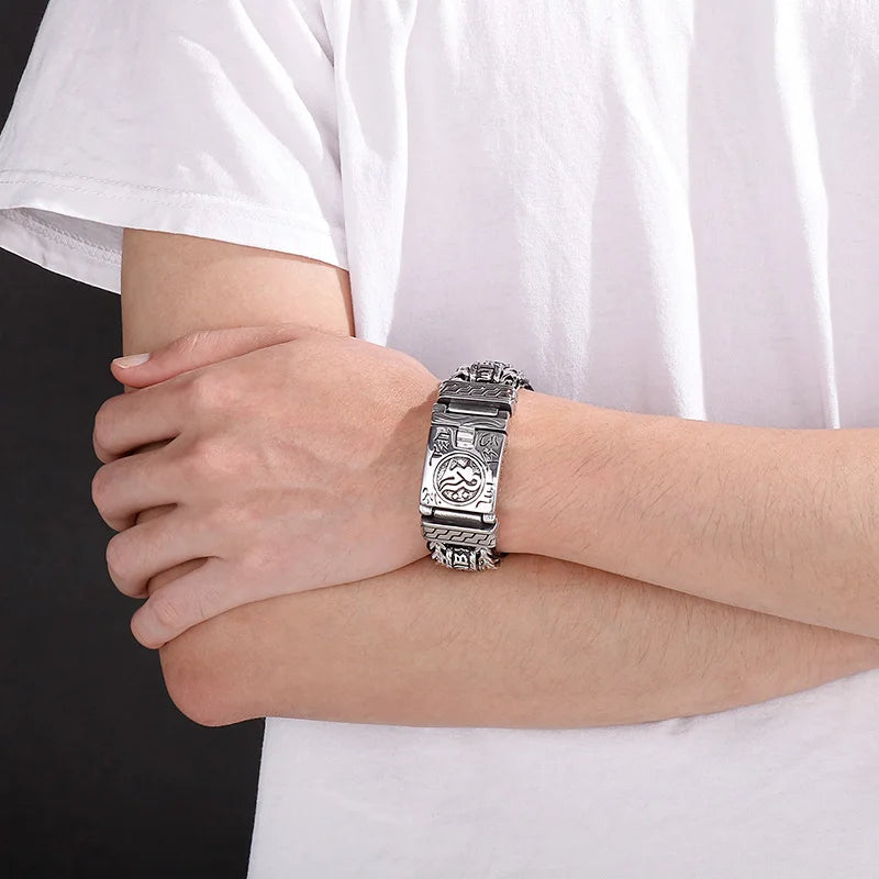 22mm Punk Retro Skull Head Bracelet for Men Hiphop Rock Stainless Steel Male Gothic Biker Bike Leather Bangle Wristband Jewelry