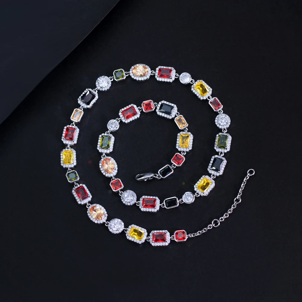 BeaQueen Lovely Geometric Colorful Cubic Zirconia Yellow Gold Plated Necklaces Chain for Women Festive Party Jewelry Gifts N026