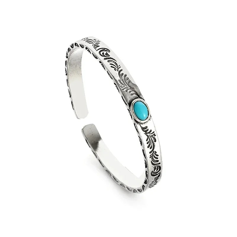 Silver Plated Turquoise Feather Wings Open Bracelet Men\'s Domineering Cuff Bangles Women\'s Fashion Party Jewelry Gift