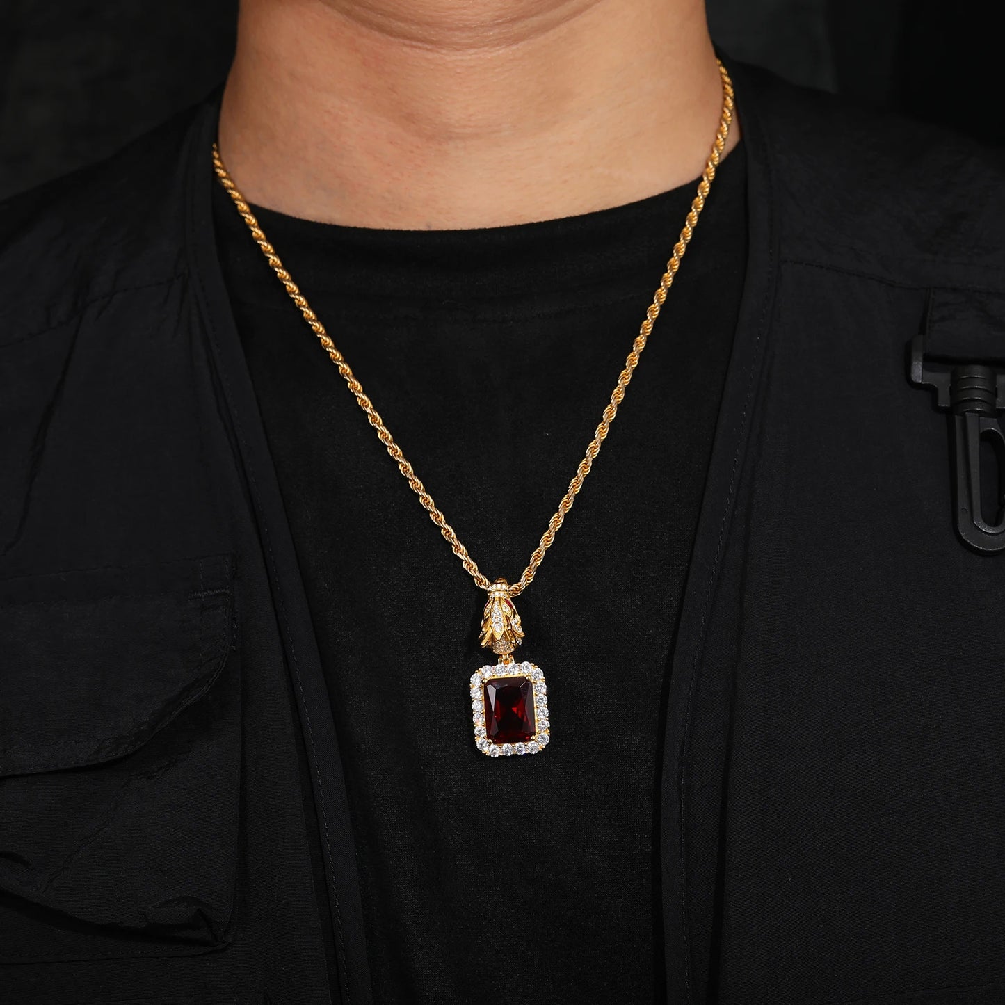 S925 Domineering Triangle Dragon Head Bail Red Cubic Zirconia Gem Pendant Necklace For Men Animal Hip Hop Men Jewelry Gifts