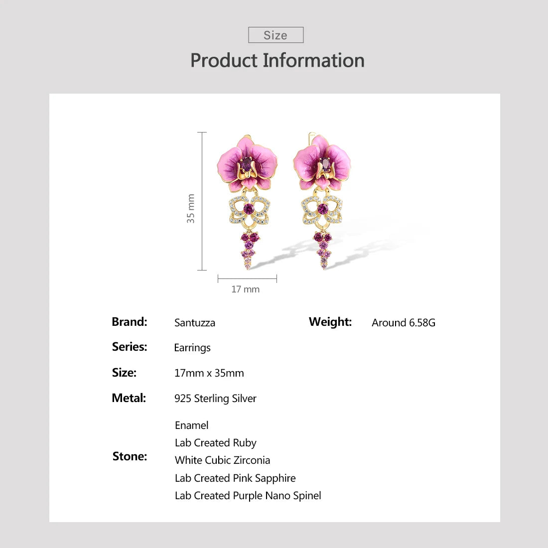 SANTUZZA Real 925 Sterling Silver Earrings For Women Sparkling Created Pink Sapphire Enamel Orchid Flower Delicate Fine Jewelry