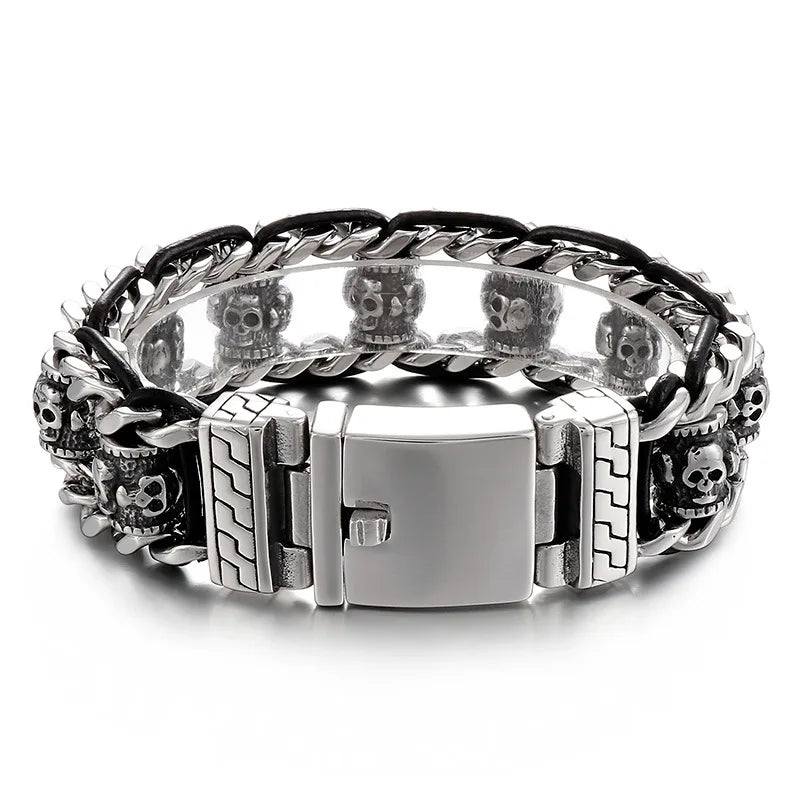 22mm Punk Retro Skull Head Bracelet for Men Hiphop Rock Stainless Steel Male Gothic Biker Bike Leather Bangle Wristband Jewelry