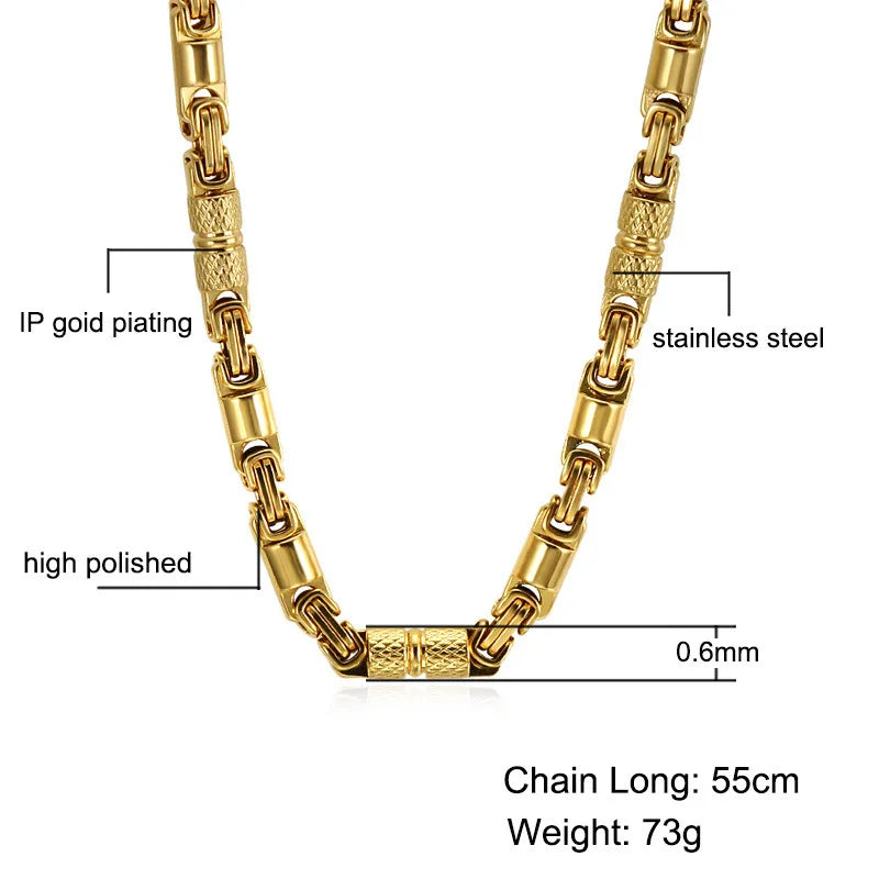 6mm Heavy 18K Gold Color Stainless Steel Byzantine Chain Necklace Men Women Punk Rock Hiphop Black Biker Bike Choker Jewelry