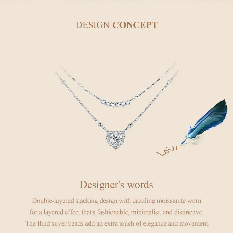 Bamoer 925 Sterling Silver Halo Heart Moissanite Pendant Necklace Double-layer Necklace for Women Valentine's Day Gift