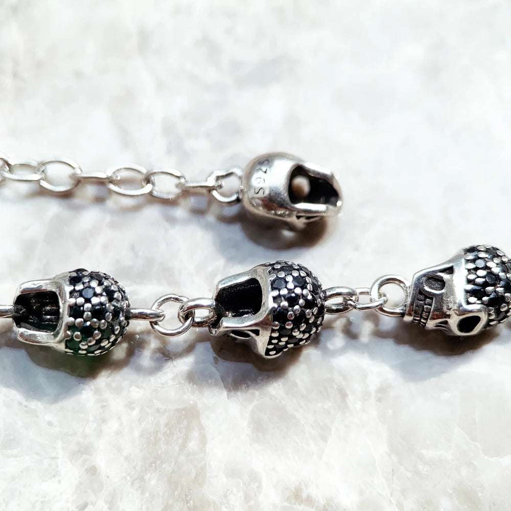Skull Pave Link Chain Bracelet For Women Men Pure 925 Sterling Silver Punk Jewelry Party Gifts
