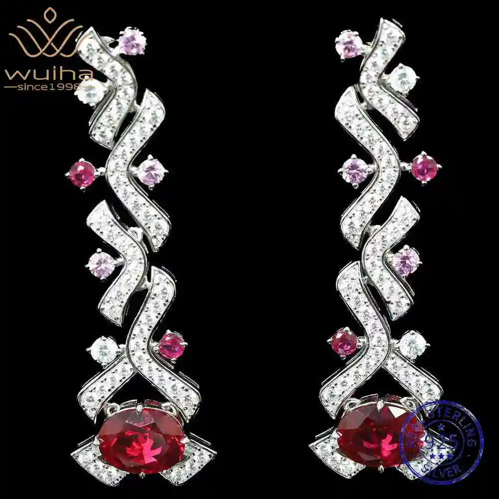 WUIHA Vintage 925 Sterling Silver Lab Sapphire High Carbon Diamond Ruby Wedding Engagement Drop Dangle Earrings Fine Jewelry