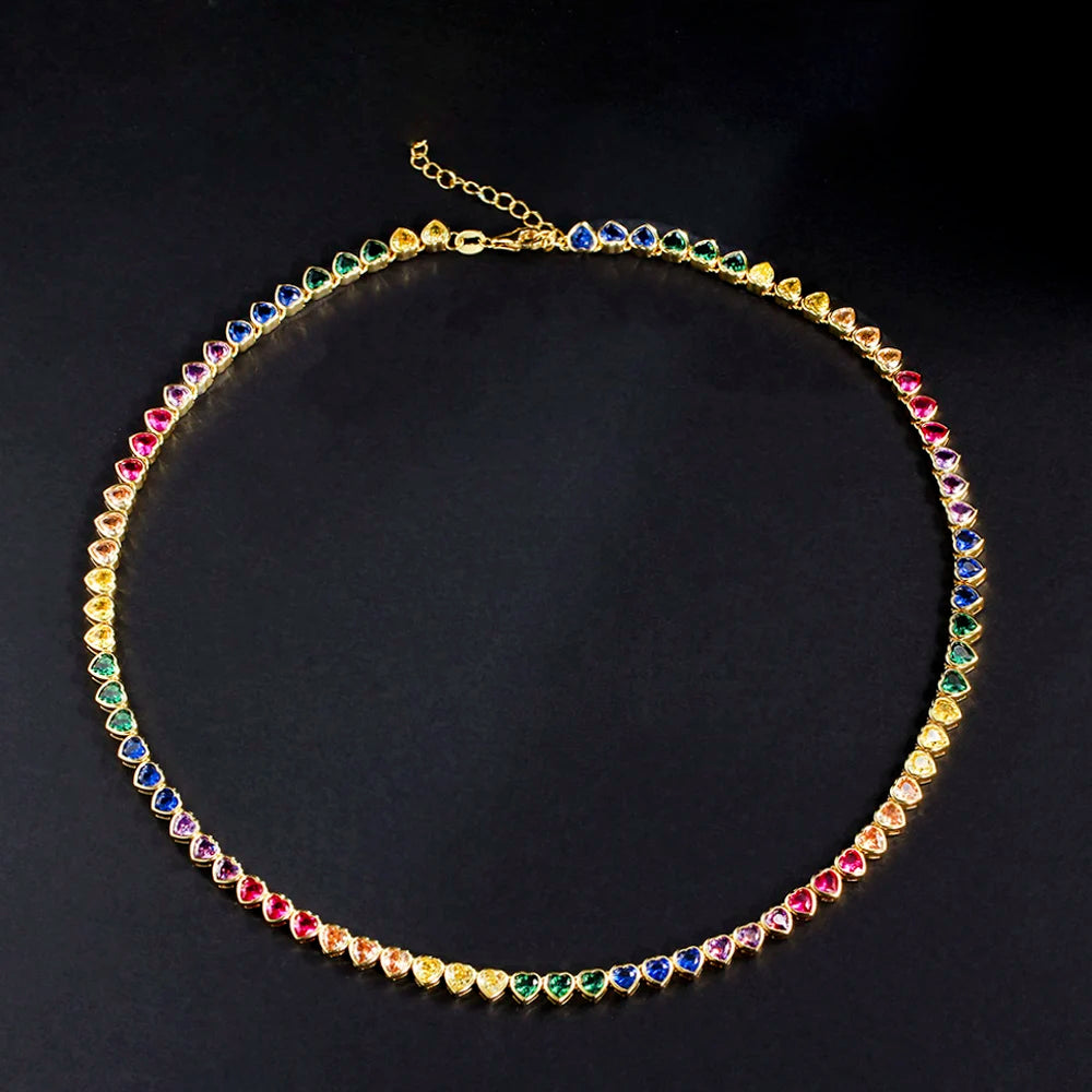 ThreeGraces Elegant Small Heart Shape Cute Lovely Multicolor CZ Tennis Choker Necklace for Women Fashion Party Jewelry PN120