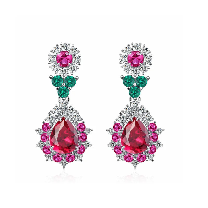 100% S925 Silver 8x10MM Water Drop Red High Carbon Diamond Drop Earrings Women's Wedding Commemorative Crystal Jewelry