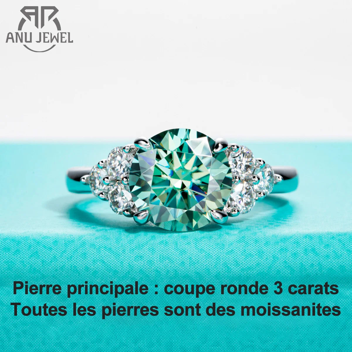 AnuJewel 3ct Round Cut Blue Green Color Moissanite Engagement Ring 18K Gold Plated Silver Luxury Wedding Ring Jewelry Wholesale