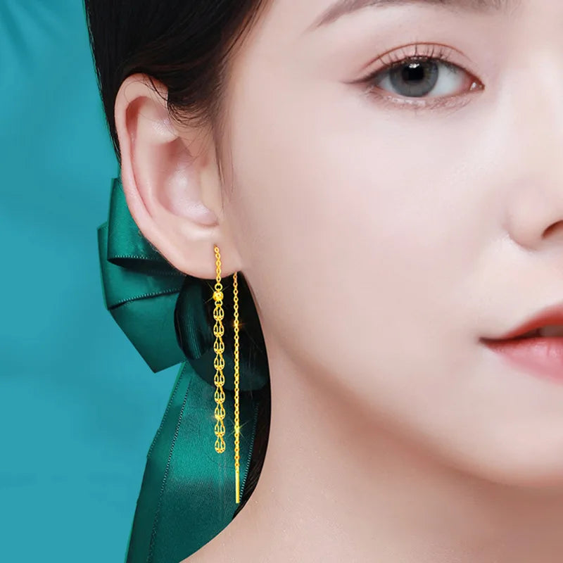 24K gold hollow phoenix tail long tassel earrings AU999 pure gold temperament phoenix tail womens earrings holiday gift